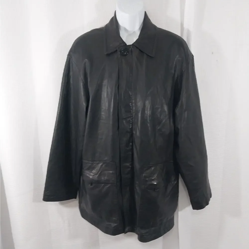 KENNETH COLE REACTION! BLACK GENUINE LAMB LEATHER STADIUM LENGTH COAT! SZ M